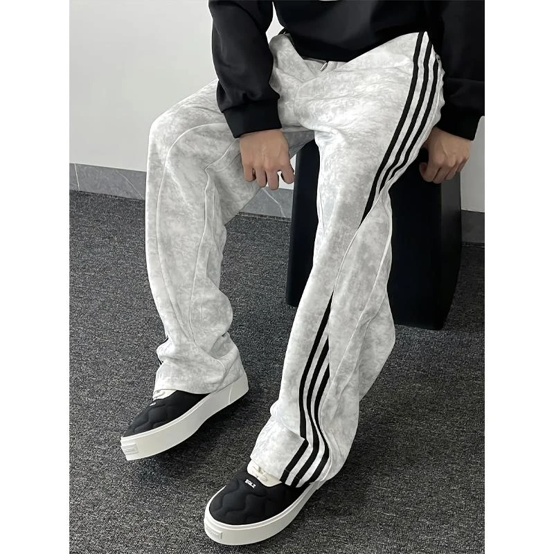 美式扎染条纹裤子男春秋三条杠重磅弯刀卫裤直筒运动休闲裤