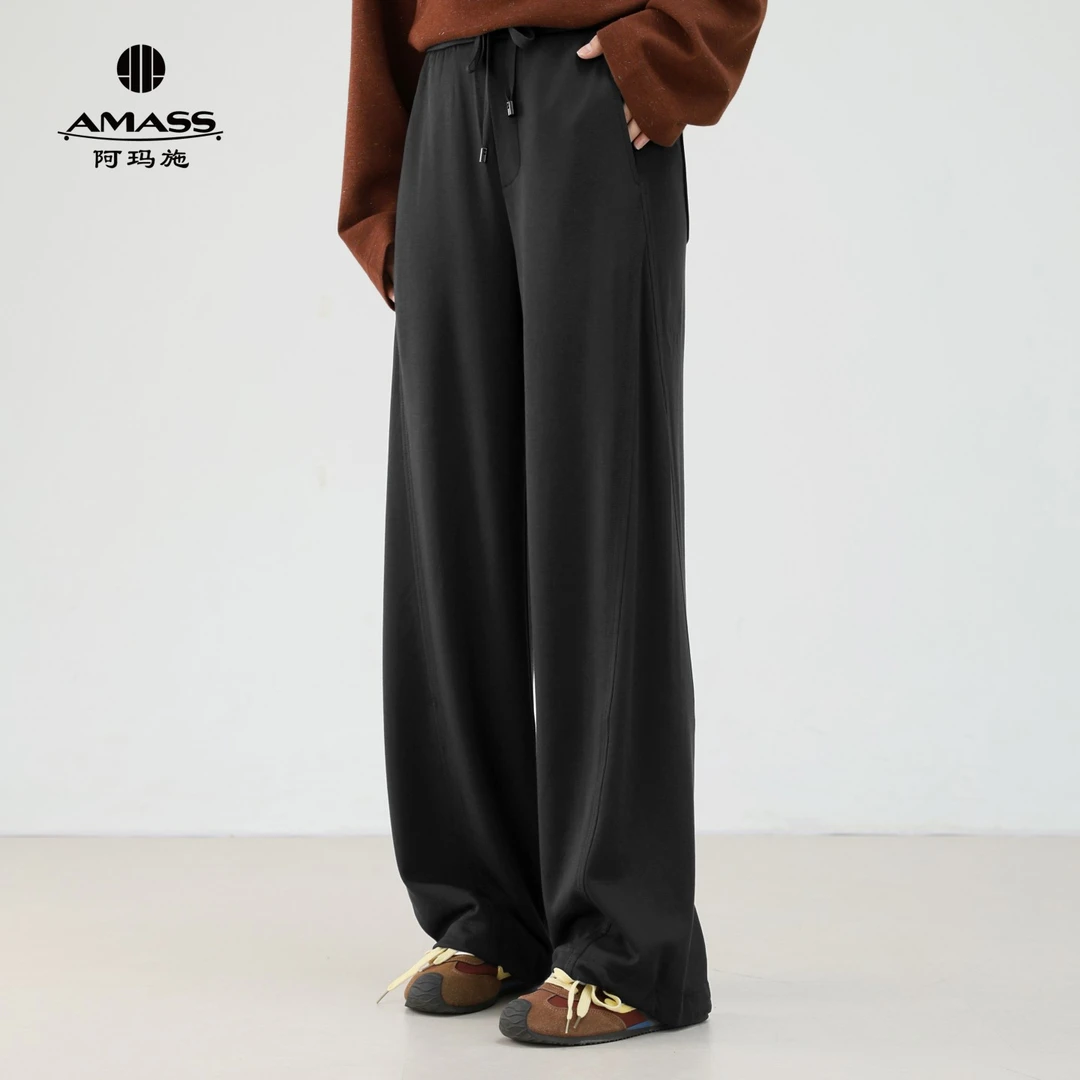 阿玛施【官方正品】百搭松紧腰运动慵懒显瘦纯色直筒休闲裤5100515