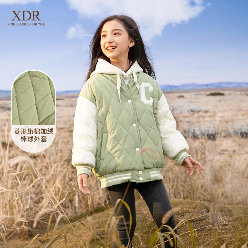 女童加厚夹棉棒球服外套新款中大童儿童洋气刺绣冬装保暖棉服