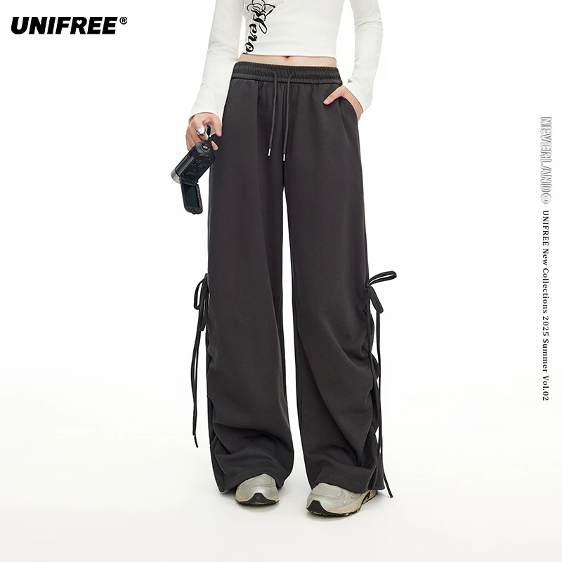 unifree灰色系带休闲裤新款褶皱宽松直筒显瘦阔腿裤百搭拖地卫裤