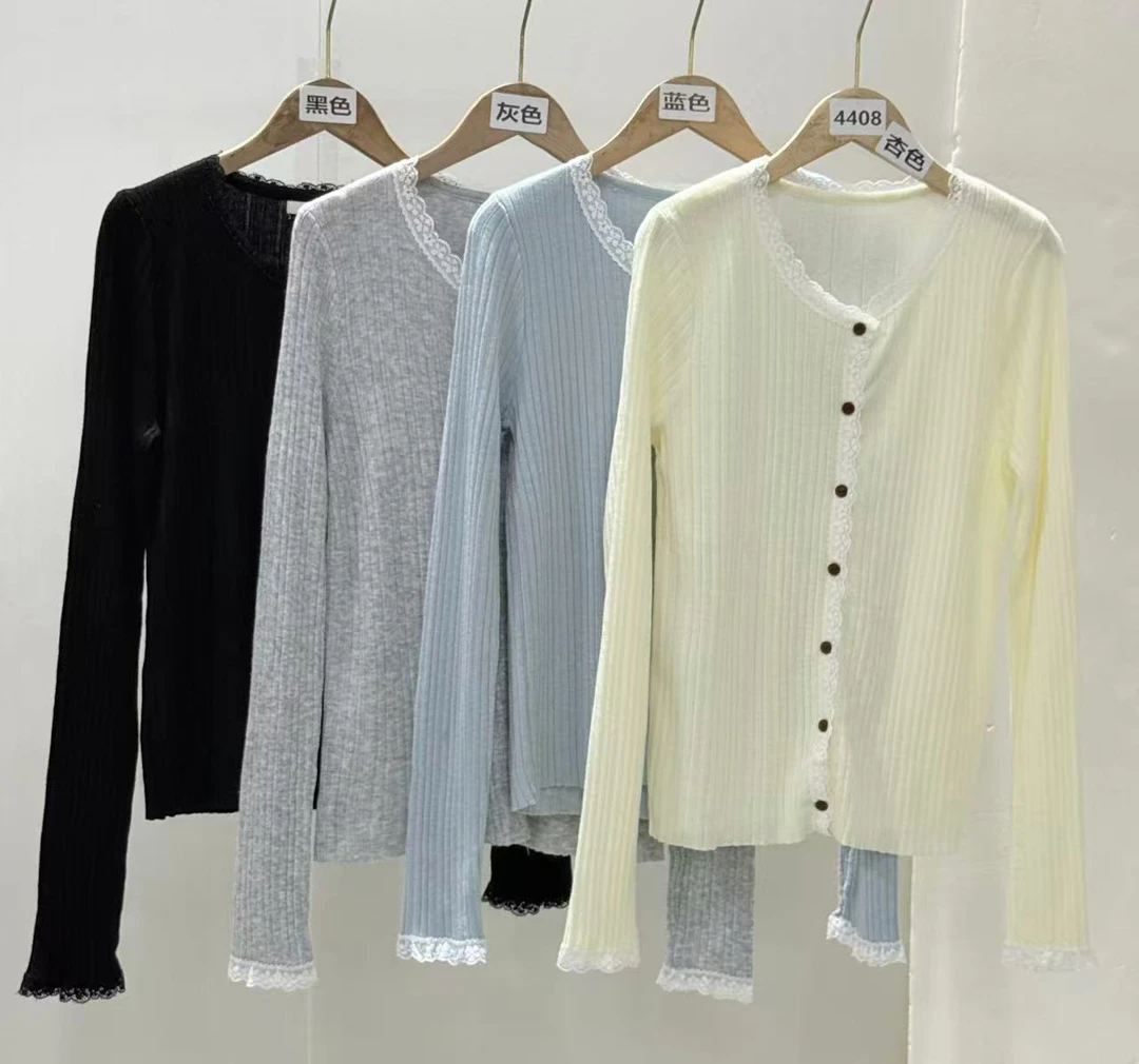 4408号百搭休闲花边拼接韩系长袖针织开衫