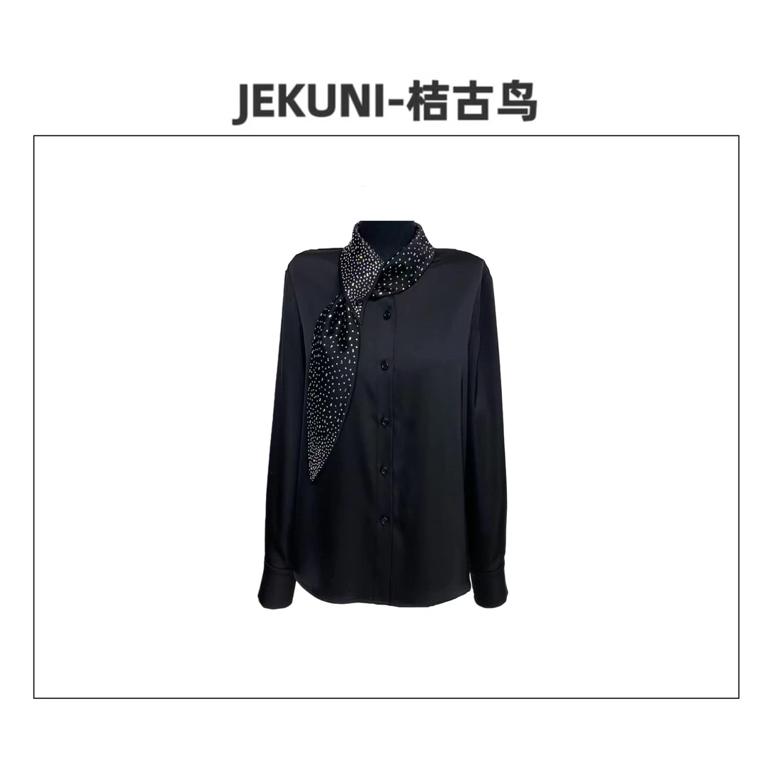 JEKUNI/桔古鸟【钻型点缀】黑色立领设计法式高级感长袖衬衫