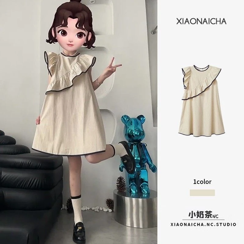 法式条纹小飞袖连夏不规则荷叶边背心裙宽松小个子娃娃裙子