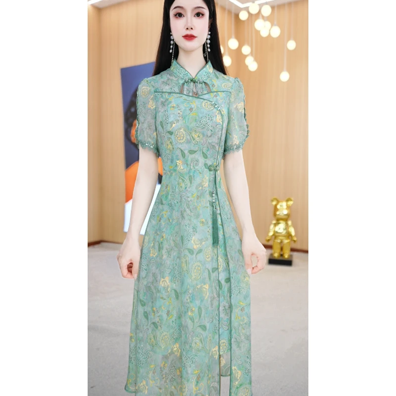 美瑞新中式印花连衣裙女2025新款夏修身显瘦高端淑女范国风a字裙