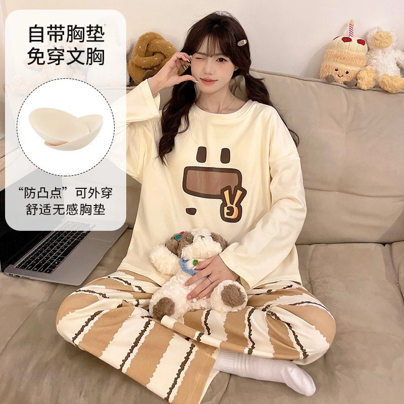 2025新款套头带胸垫睡衣女春秋款长袖可爱大码可外穿家居服套装