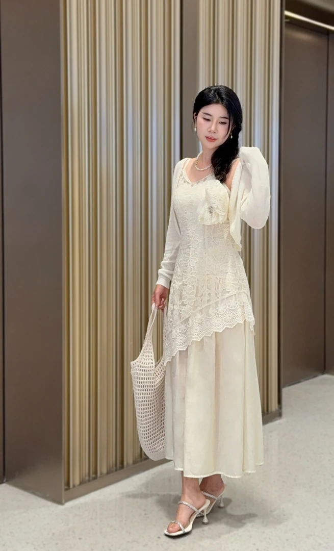 【海南简爱】法式度假风气质拼接提蕾丝连衣裙外披两件套 8885