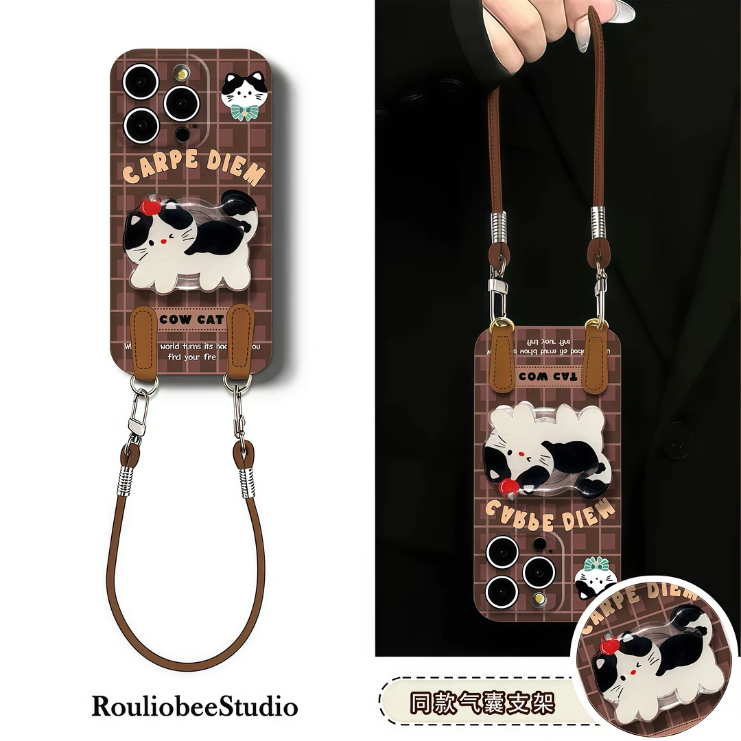 格纹猫咪支架挂绳适用苹果16/17手机壳iPhone15小米14vivoppo华为