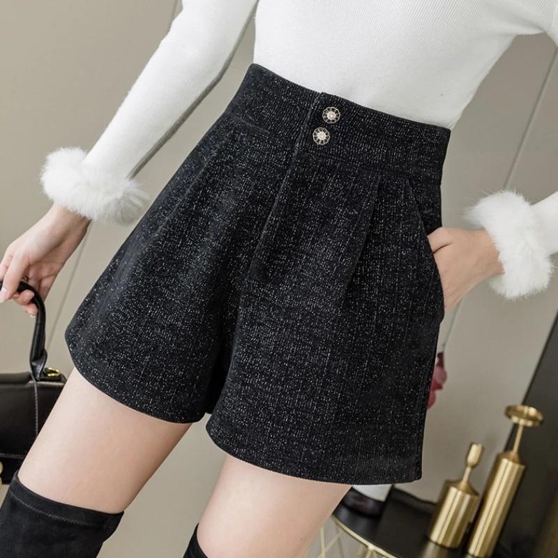 亮丝黑色靴裤女秋冬2025新款韩版宽松显瘦百搭高腰短裤阔腿a字裤