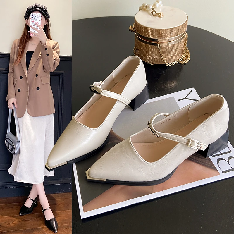 时尚金属头2025学院风尖头方根高跟鞋粗跟鞋子气质春夏舒适皮鞋