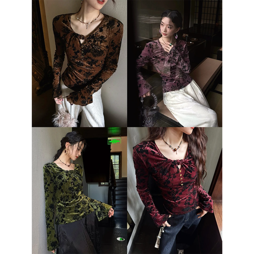 三吉黑花【桃心结】新中式植绒打底衫女国风喇叭长袖上衣巨好看潮