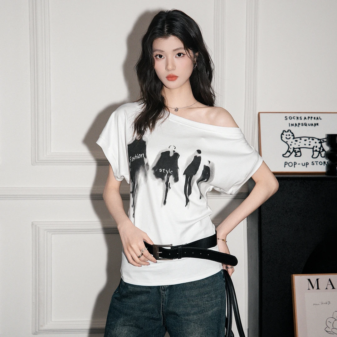 拉夏贝尔美式印花斜领短袖T恤女2025夏季新款休闲设计感修身上衣
