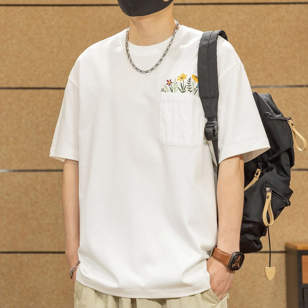 设计感国风刺绣口袋短袖t恤男夏季新款275g重磅纯棉宽松休闲半袖T