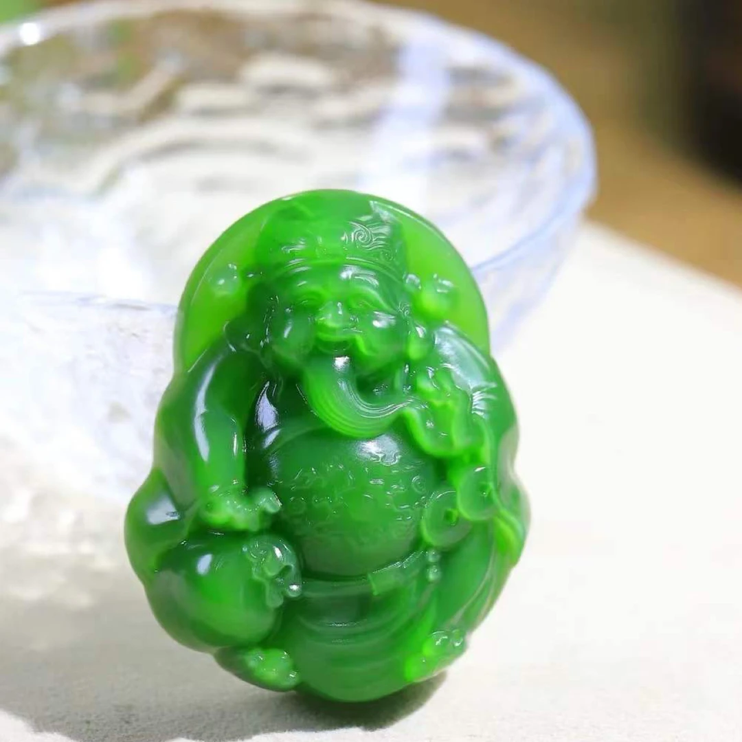 碧玉财神温润饱满男女款玉坠手把件绿色精雕精美冰绿满色