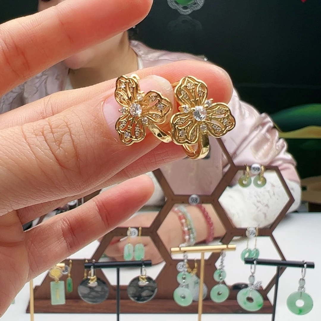翡翠耳饰银S925镶嵌天然翡翠
