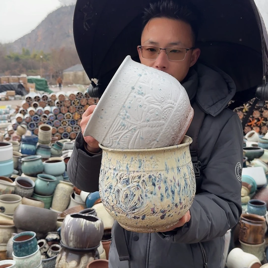 紫砂花盆颜色随机发两个蝴蝶瑕疵口20高19