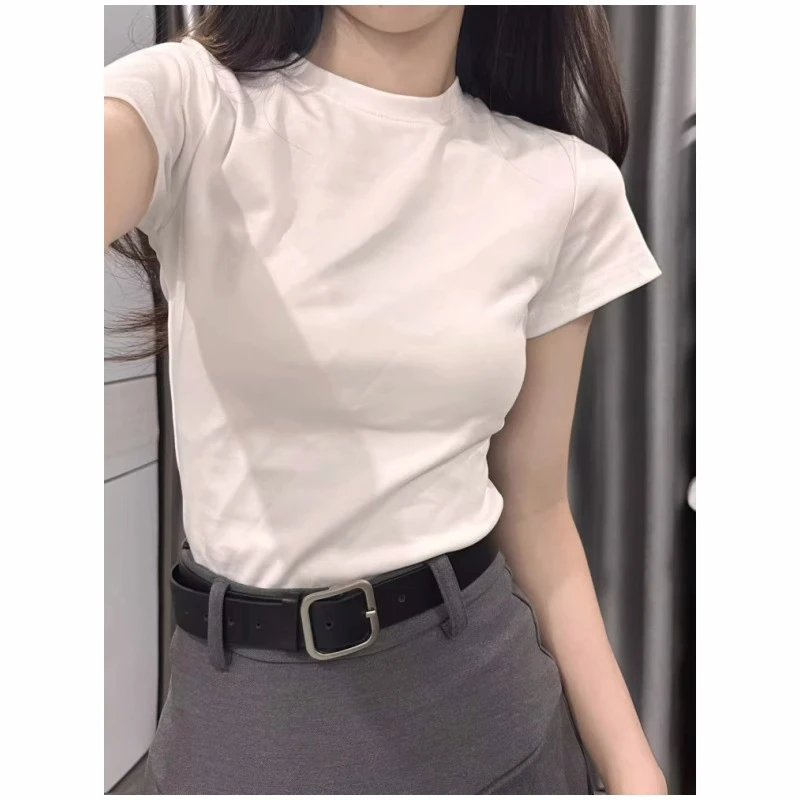 纯色正肩圆领短袖T恤女夏季休闲百搭修身显瘦短款体恤白色上衣ins