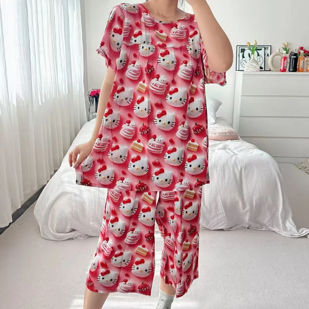 夏季人棉短袖八分裤薄款成人睡衣家居服套装时尚宽松女款会缩水