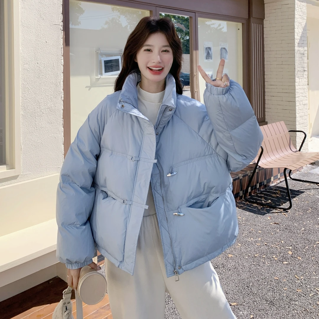 韩系蓝色立领羽绒服女冬2025新款小个子加厚保暖白鸭绒面包服外套