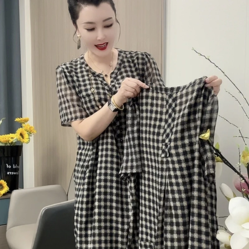 6112连衣裙格子长裙中长裙休闲休闲风气质法式透气裙子韩版复古