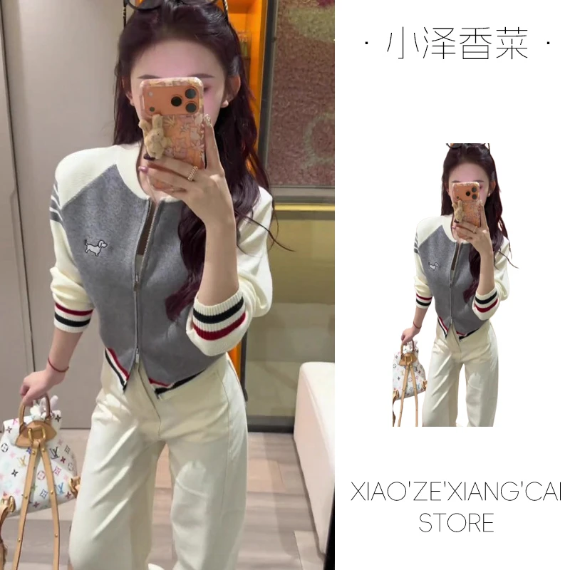 撞色小狗刺绣拉链针织开衫女秋冬学院风毛衣外套巨好看的早秋上衣