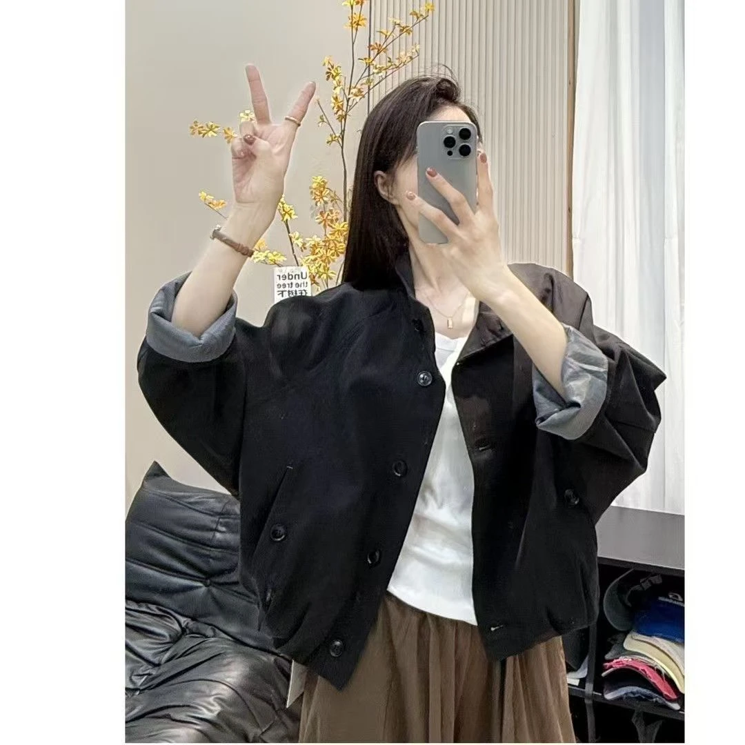 2025秋季新款拼接条纹简约韩版宽松休闲百搭短款风衣外套潮