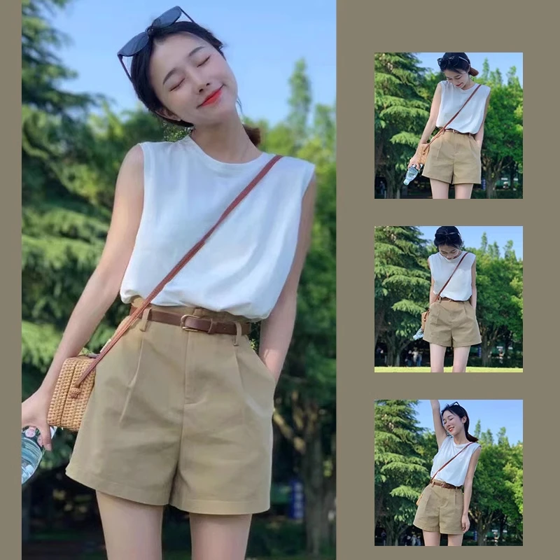 卡其色休闲短裤套装女高腰小个子2025新款爆款夏季a字外穿工装裤