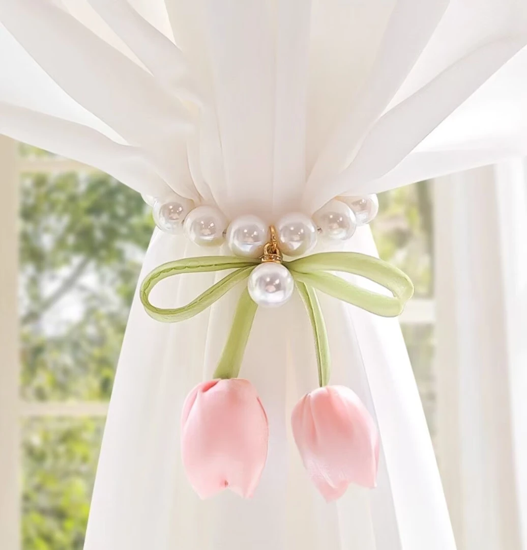 高级感珍珠磁吸窗帘扣环绑带郁金香花朵家居装饰白纱帘点缀捆束带