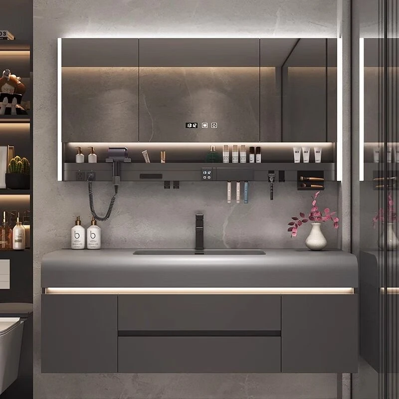 现代欧美酒店风浴室柜可丽耐肤感一体盆卫生间智能镜柜洗脸洗手台