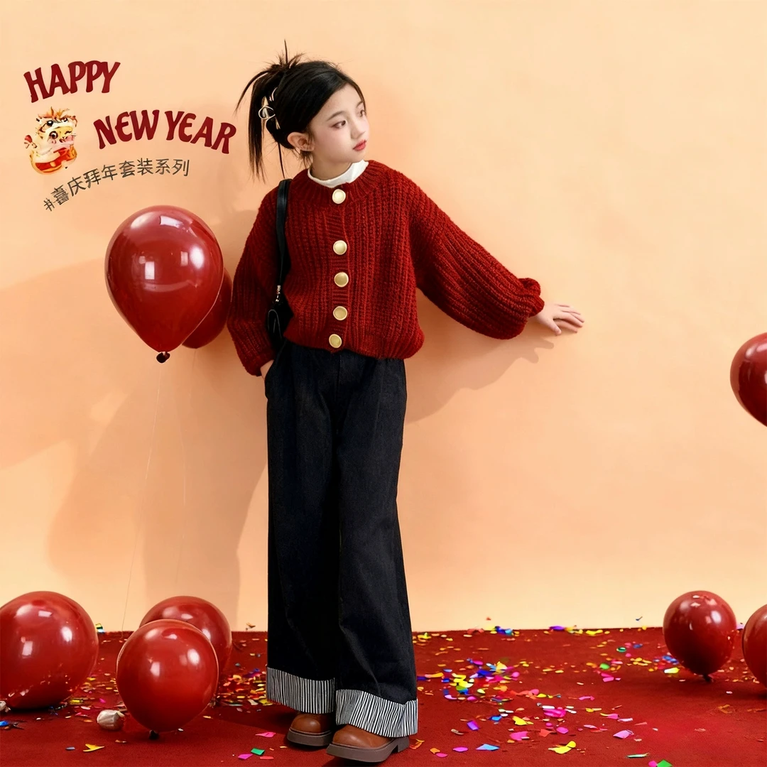 新年衣服女童秋冬套装2025新款儿童本命年12岁冬装女大童红色毛衣