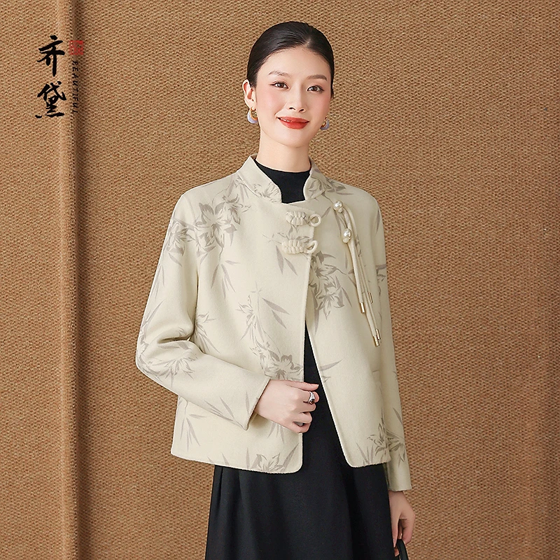 新中式双面羊绒大衣女2025秋冬新款复古盘扣印花妈妈羊毛呢短外套