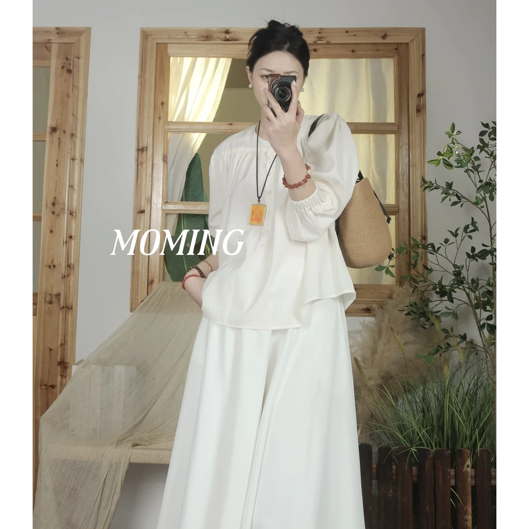 MOMING春季新品 焕净 高级极简主义圆领缩褶长袖娃娃衬衣