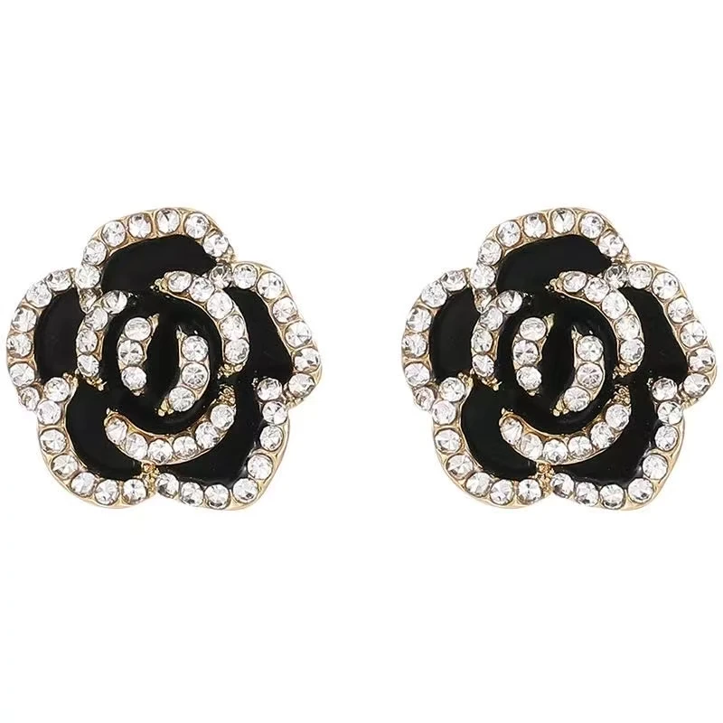 铜合金合成锆石耳饰 黑色山茶花耳钉新款爆款高级轻奢S023