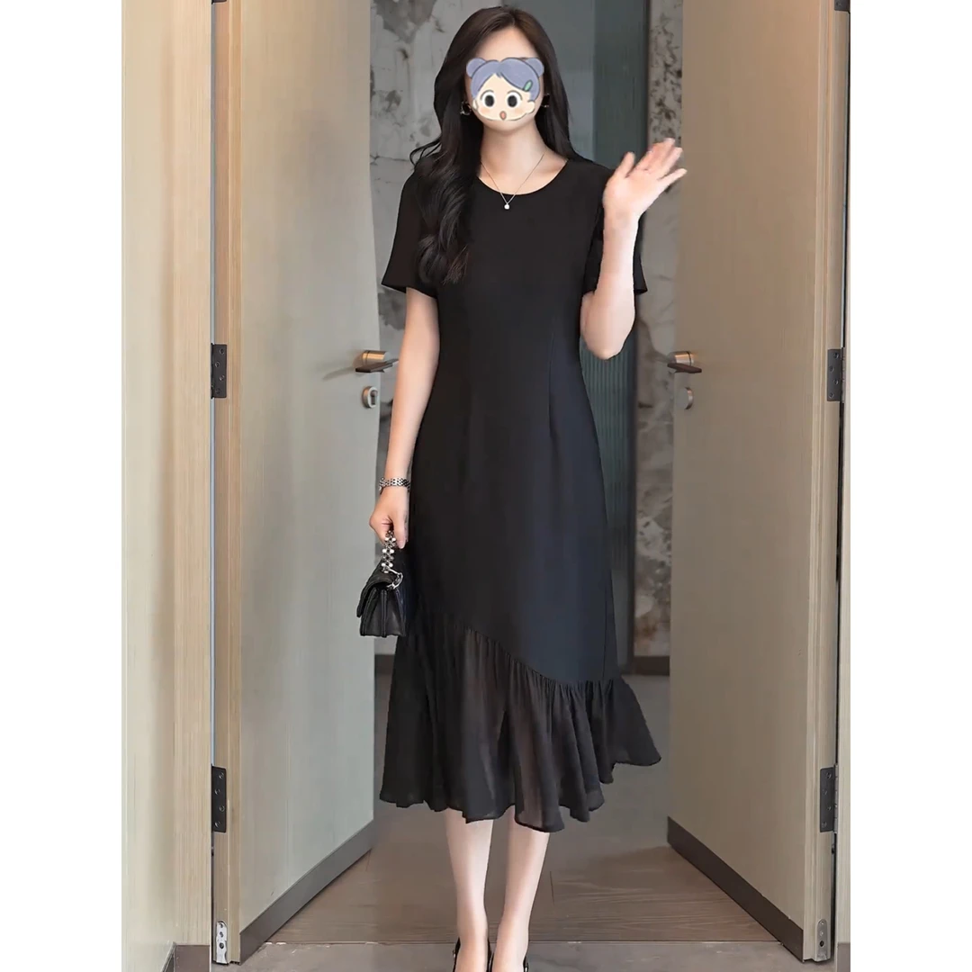 赫本风气质减龄黑色连衣裙女2025夏季新款裙子收腰显瘦鱼尾小黑裙