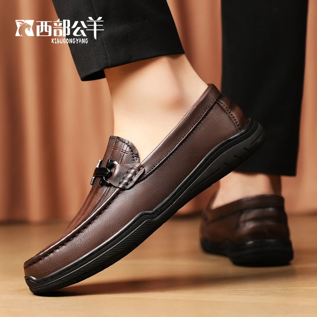 西部公羊头层牛皮豆豆鞋商务休闲真皮防滑轻便男鞋一脚蹬男士皮鞋