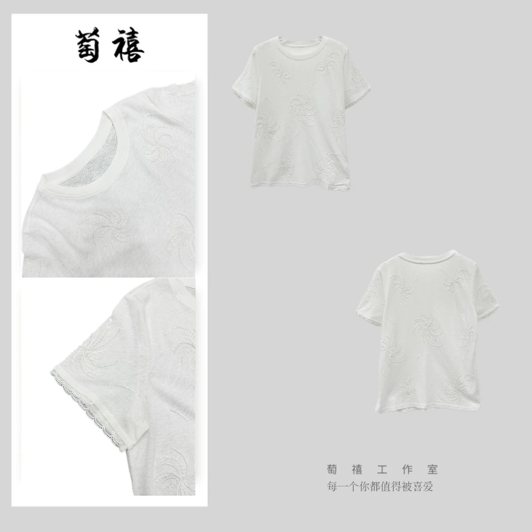 【萄禧-轻罗小扇】简约设计感百搭休闲春夏季小旋风带钻T恤40623