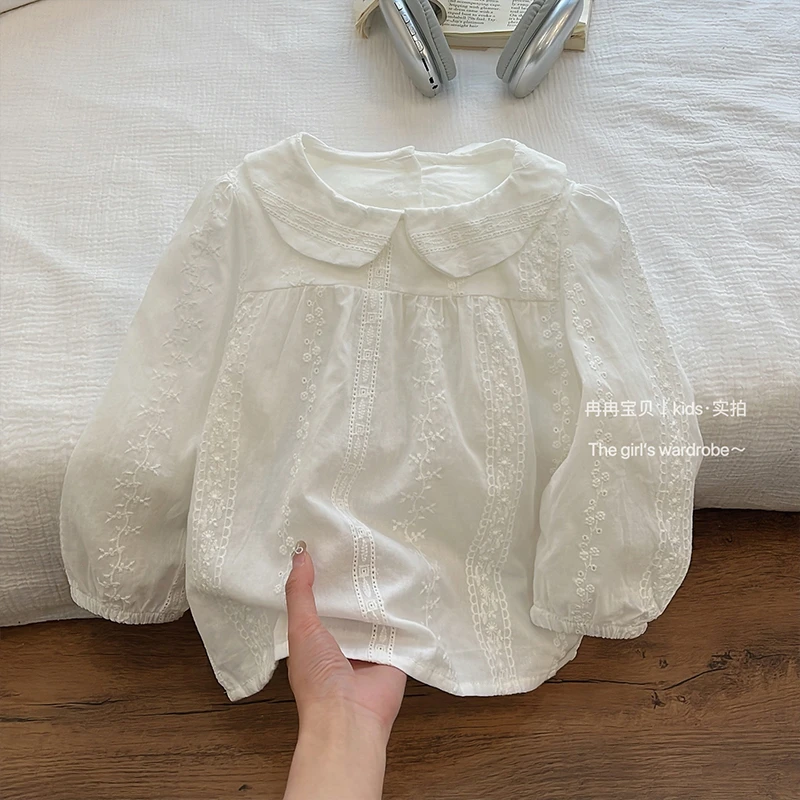 时尚儿童春季新款长袖提花白色衬衣衬衫洋气韩版宝宝打底翻领女孩