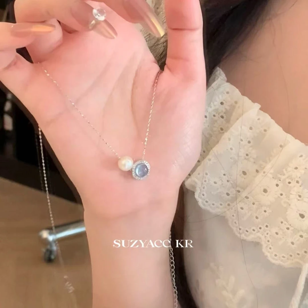 Suzyacc Kr淡水珍珠925银【月光宝盒】项链气质蓝色轻奢时尚DX0244