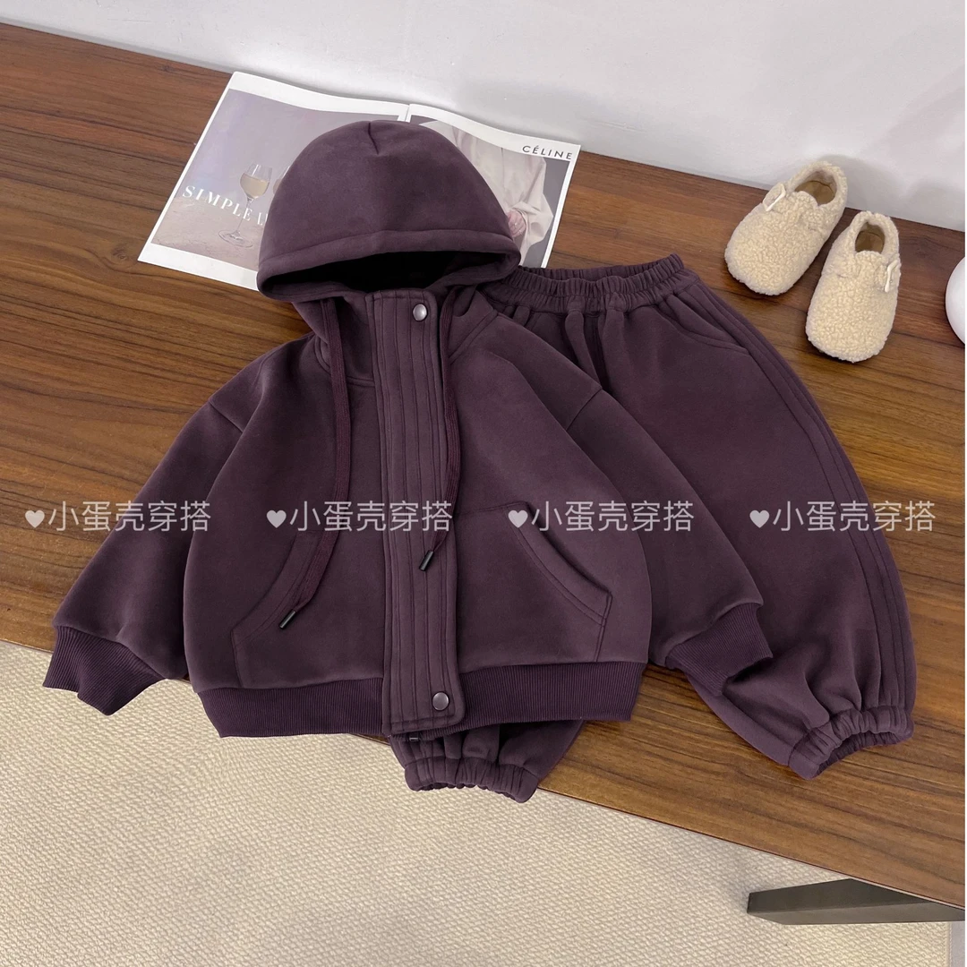 【小蛋壳】现货-儿童冬季新款韩版套装加绒加厚两件套 森咖色紫色