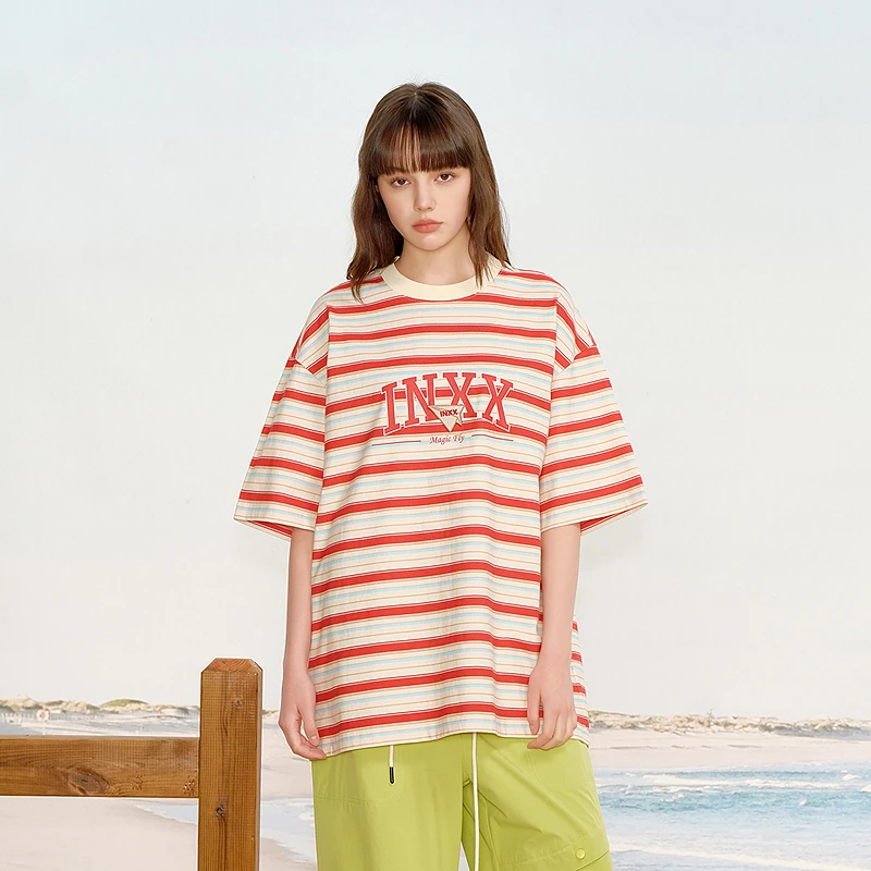 【INXX】复古条纹配色短袖T恤美式校园风上衣男女同款XRF2010831