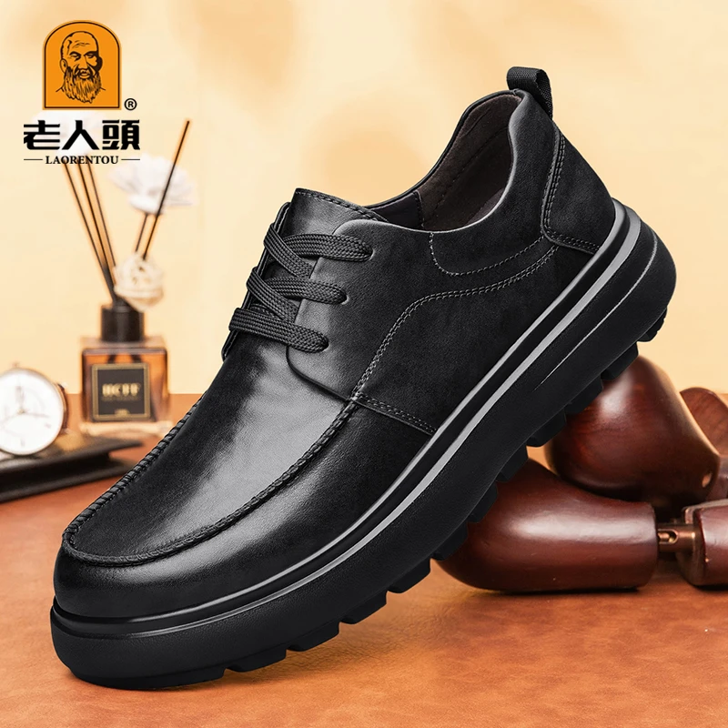 老人头秋冬新款头层牛皮休闲皮鞋增高加绒保暖全黑软底男鞋乐福鞋