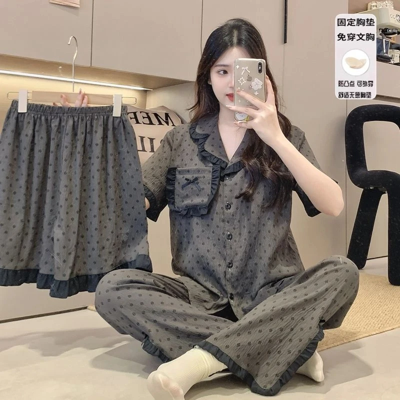 云朵棉三件套装睡衣女夏季带胸垫短袖短裤长裤甜美开衫夏天家居服