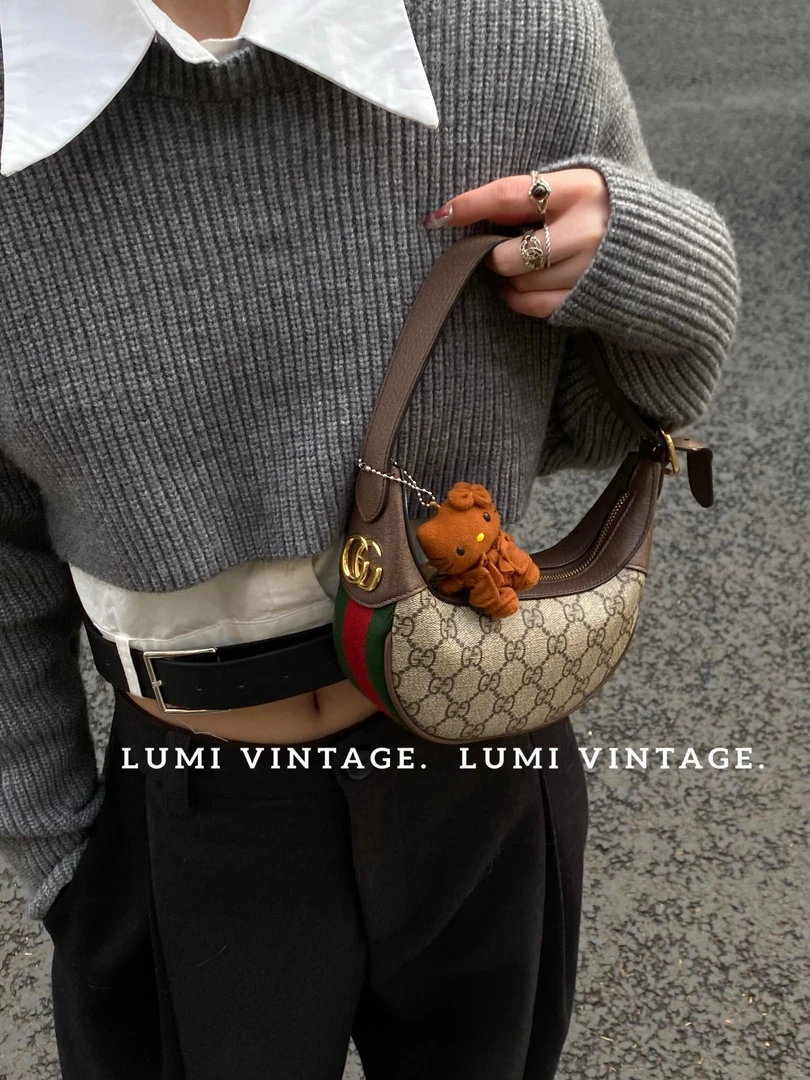 95新 GUCCI/古驰 棕老花Ophidia月牙单肩包38396321