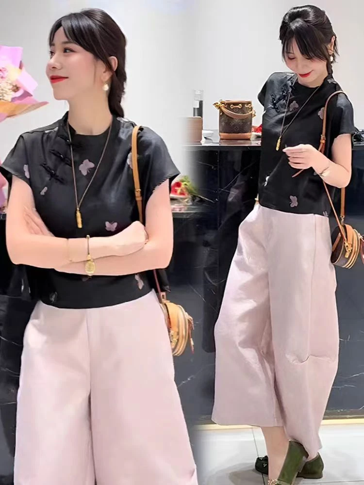 青泽 新中式国风花萝提花修身显瘦夏季网红日常洋气百搭短袖 T恤