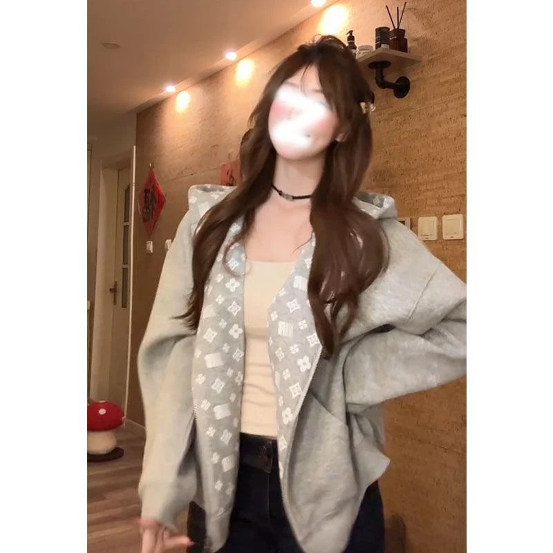 美式复古印花连帽卫衣男女款慵懒风小众设计感上衣情侣款开衫外套