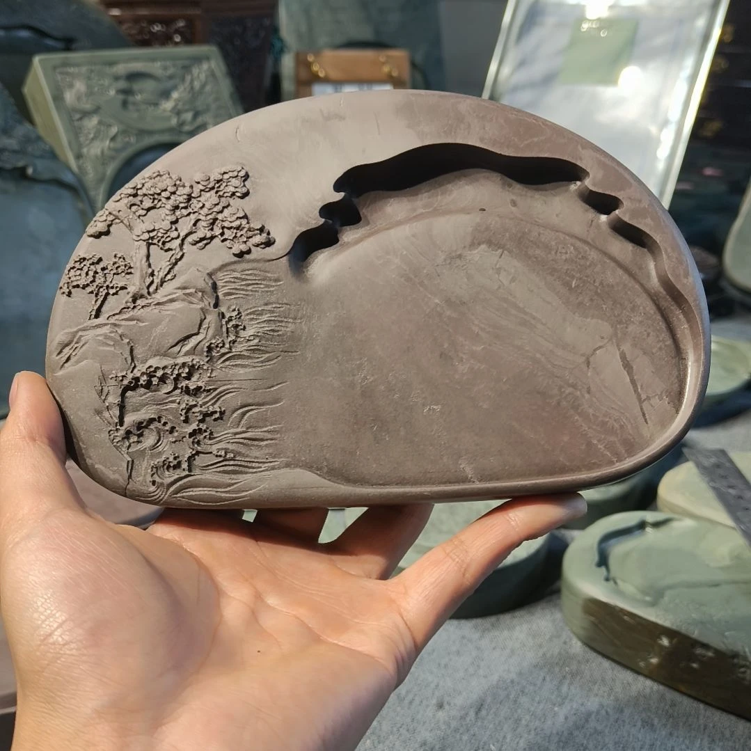 澜***3老坑鸊鷉血薄意山水砚