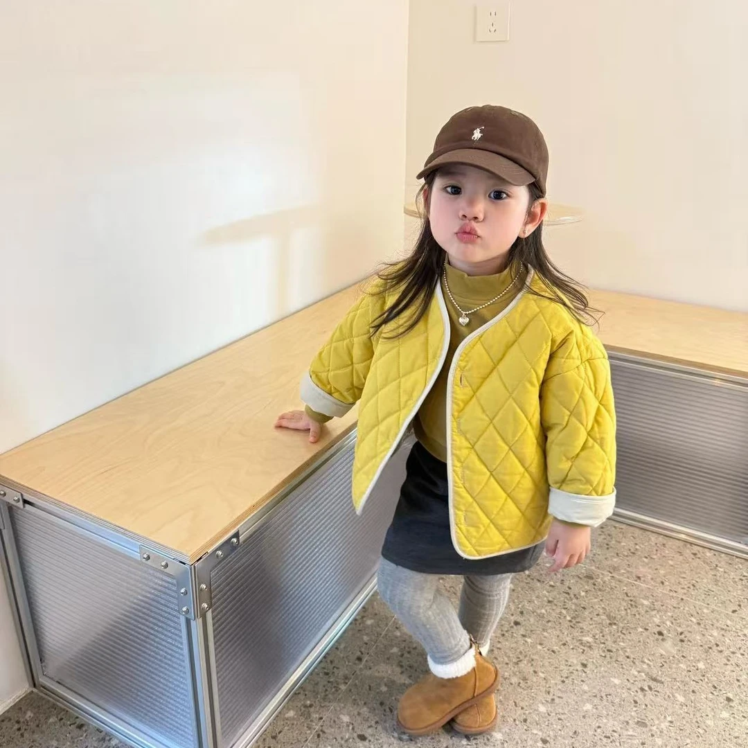 壹妈童装休闲风韩版套装秋冬新款洋气儿童黄色两面穿夹棉外套短裙
