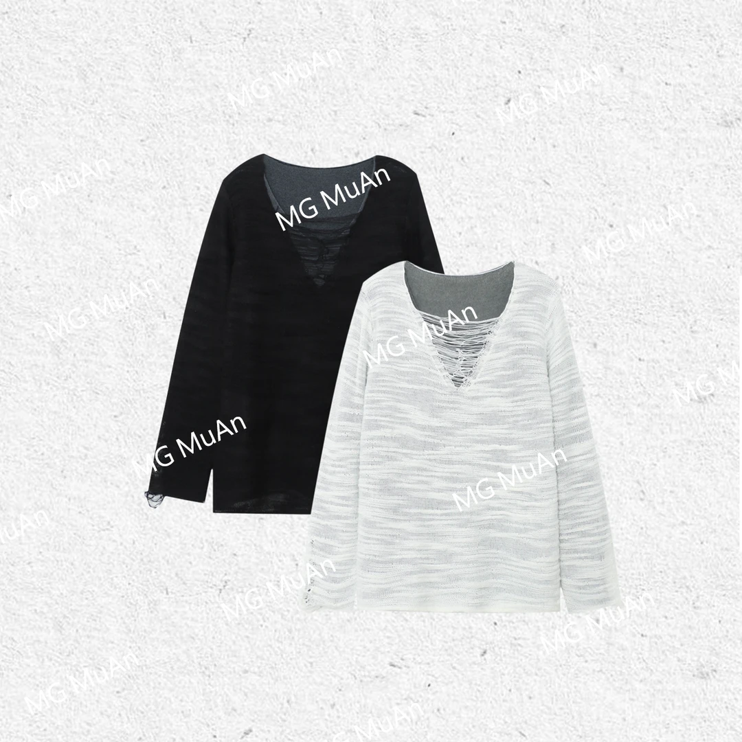 木岸【买手上衣】MUAN定制480克V领网纱针织衫上衣镂空女DG3-076