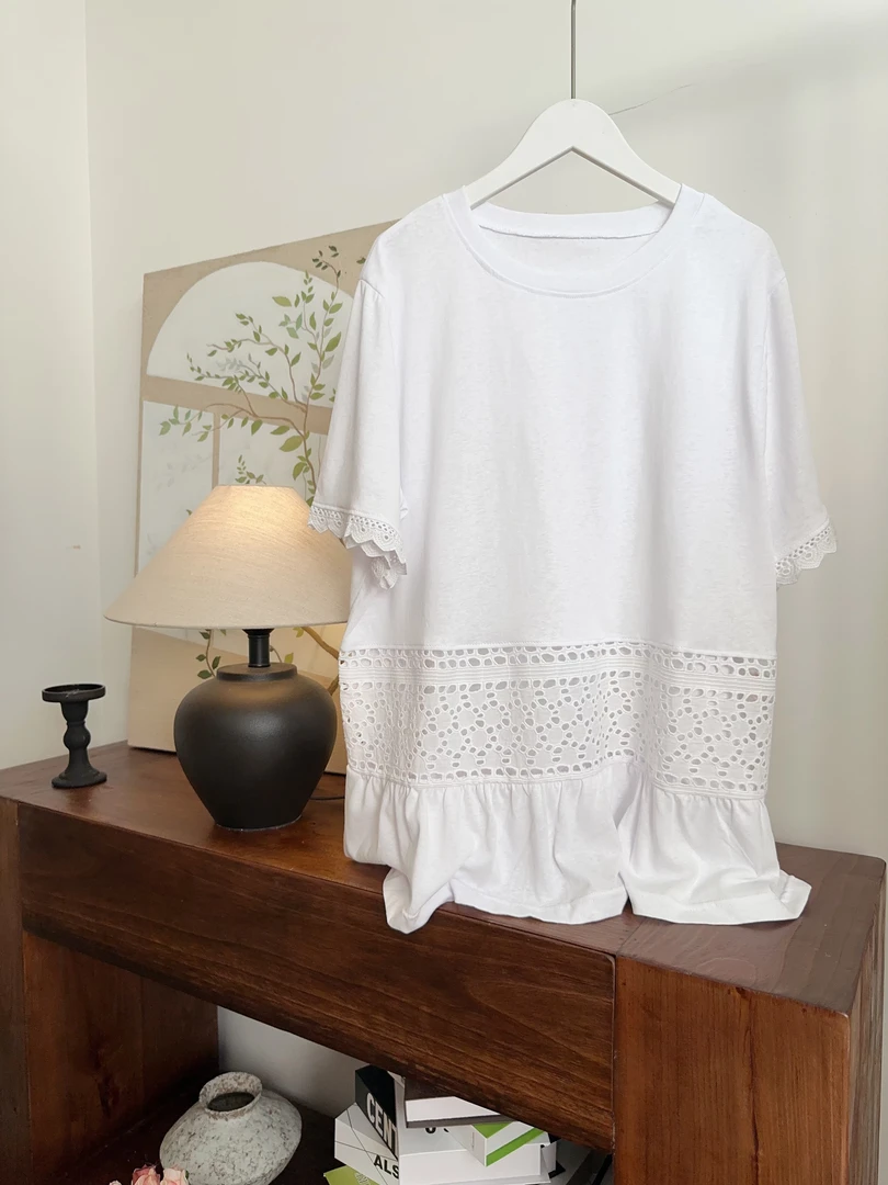 可衣-【下摆镂空】超好看镂空下摆圆领T恤短袖宽松百搭