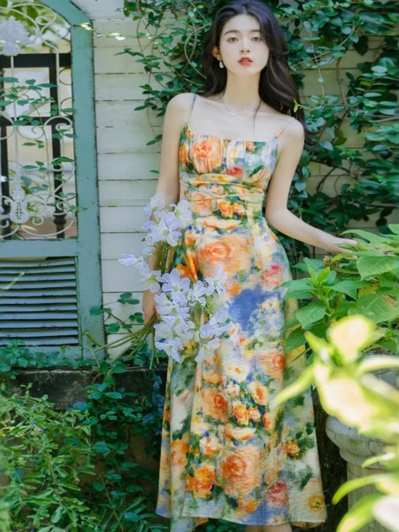 1035油画风花色气质显瘦吊带裙连衣裙