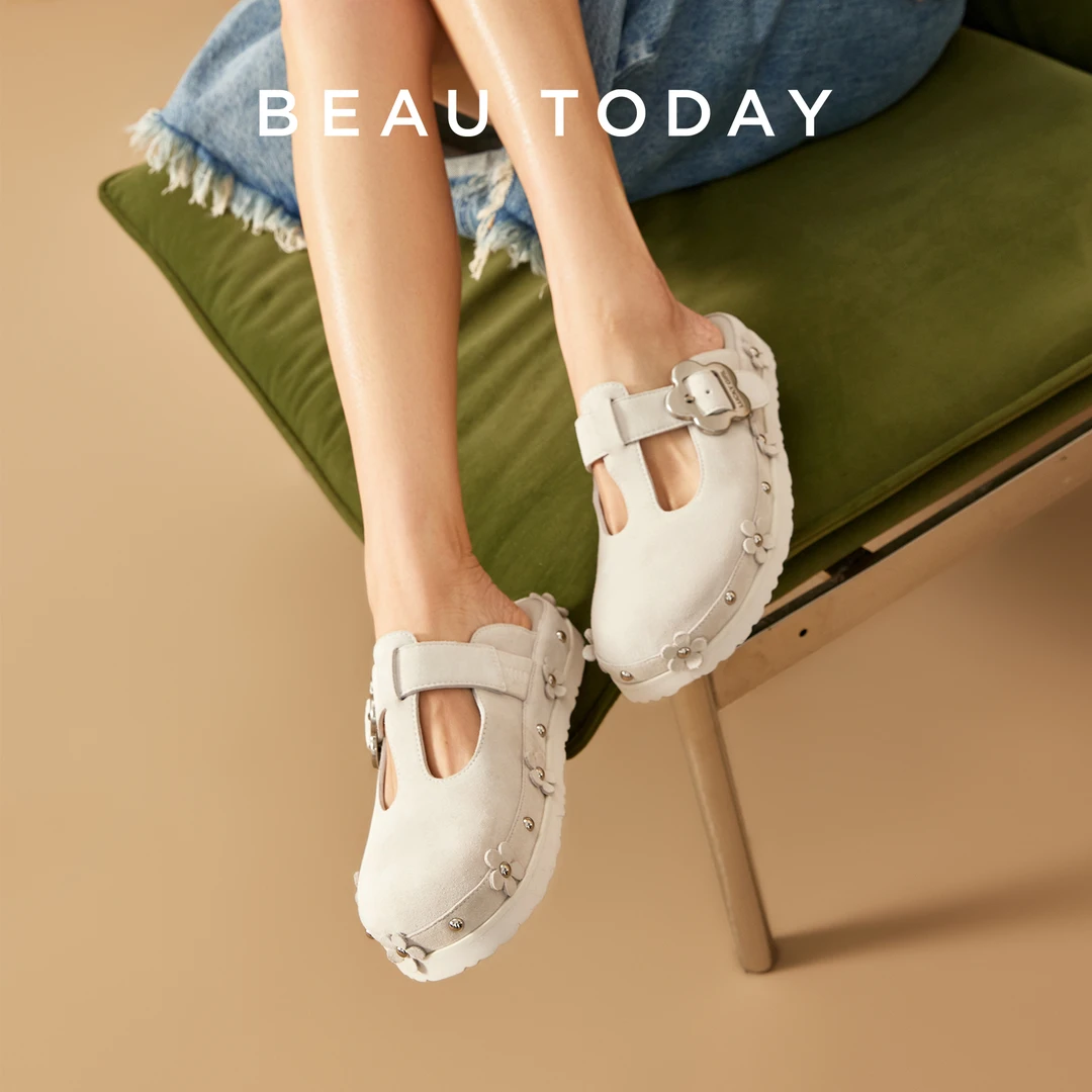 BeauToday厚底勃肯鞋女2025新款春季复古穆勒鞋外穿真皮包头拖鞋